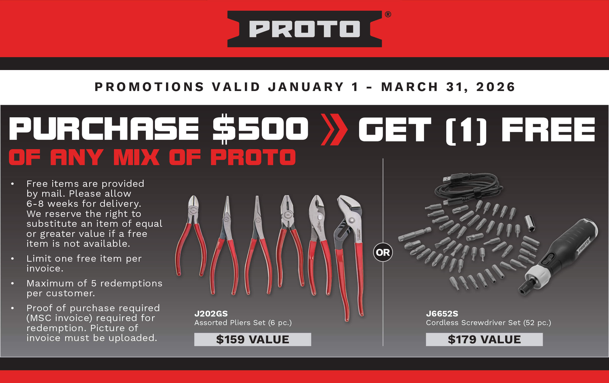 PROTO Q1 2026 rebate promotion flyer showing free item options.